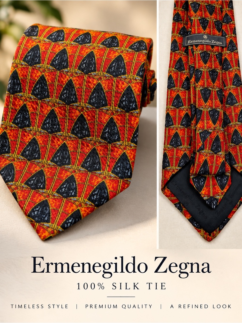 Ermenegildo Zegna Orange and Black Geometric Silk Tie